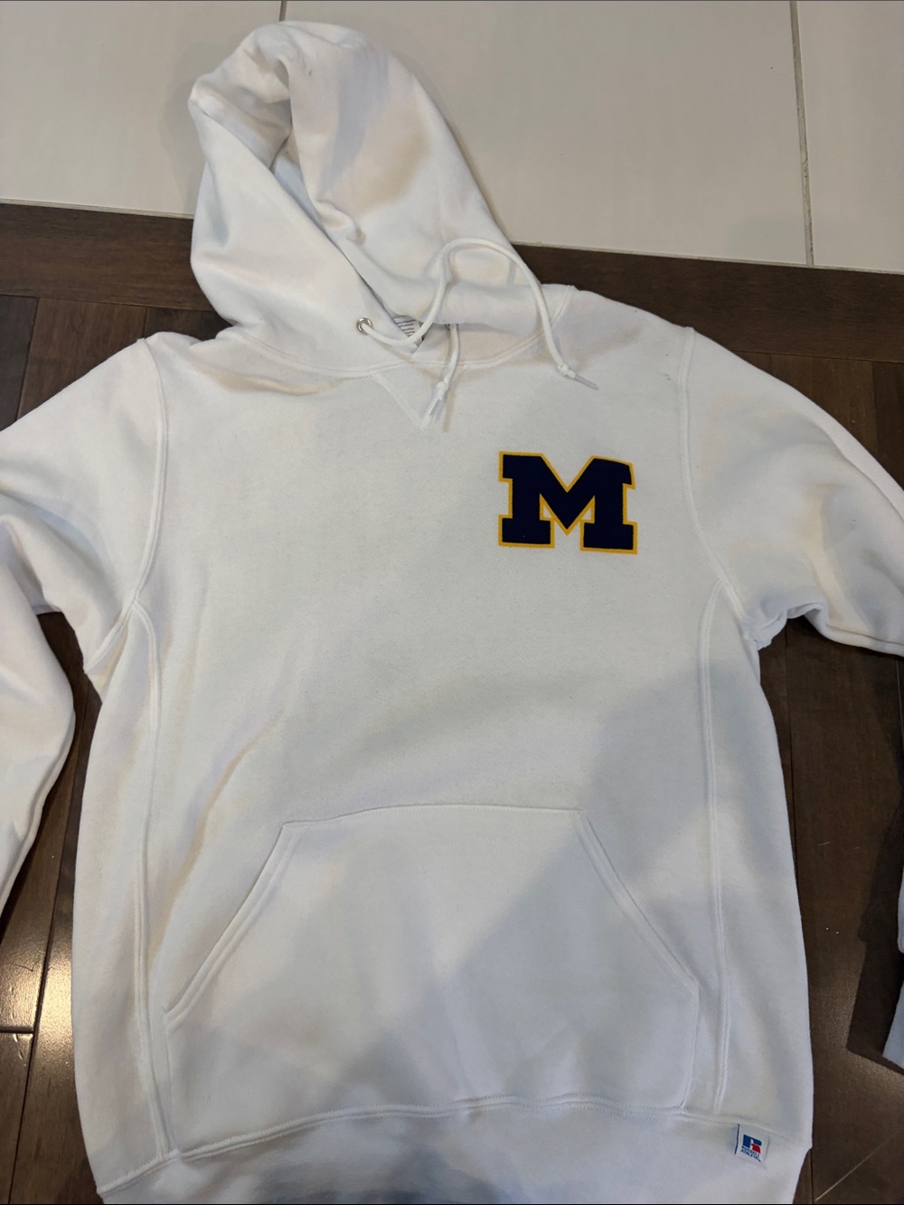 Russell Athletic White Hoodie with Navy and Yellow 'M' Patch
